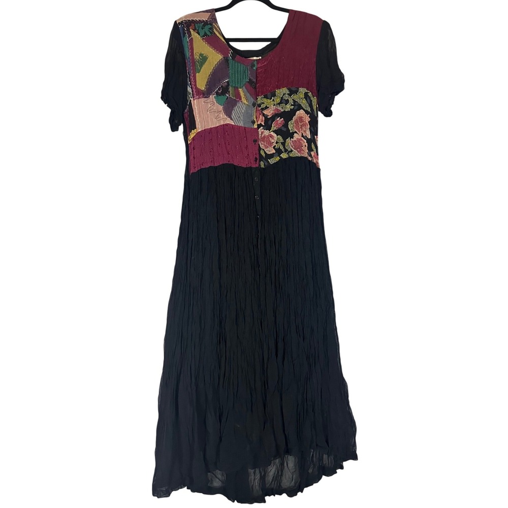 S. Roberts Vintage Patchwork Crinkle Maxi Dress Sz M Short Sleeve Artsy 80s 90s